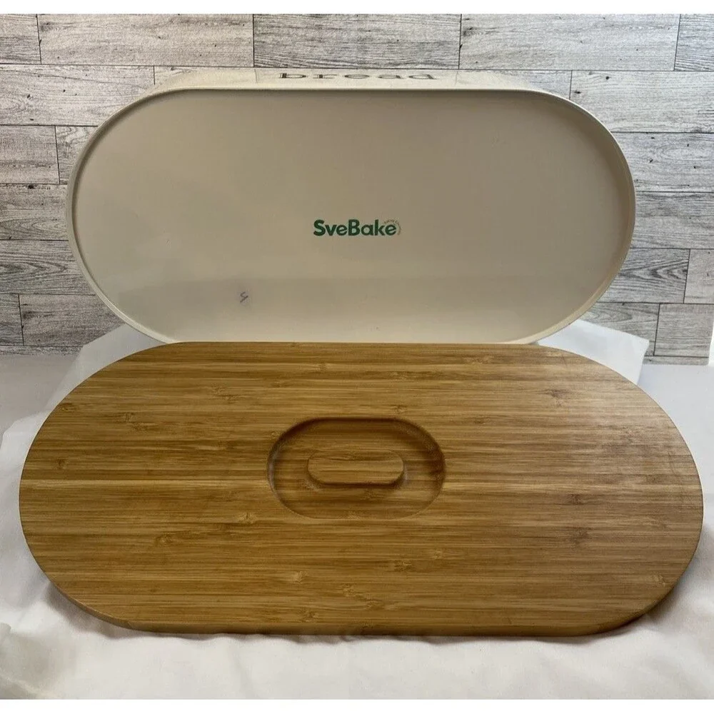 SveBake Bread Box Metal With Bamboo Top Cutting Board Lid